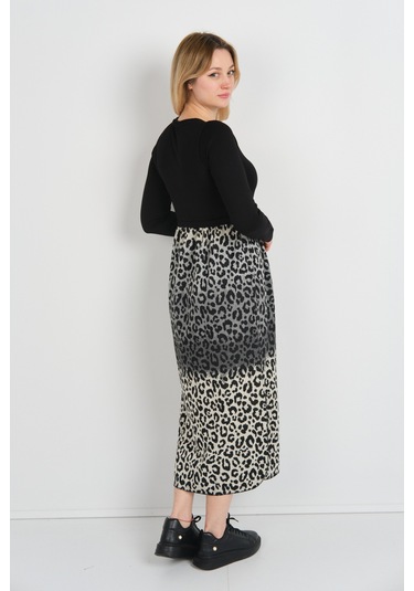 Sistas Kadın Leopar Desenli Yanları Yırtmaçlı Bisiklet Yaka Elbise 24922 Gri-bej Gri-bej