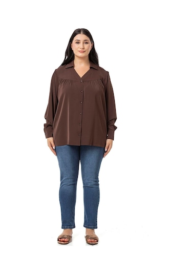 Büyük Beden Yakalı Önü Büzgü Robalı Uzun Kol Kahverengi Gömlek-kahverengi Kahverengi