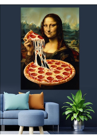 Pizza Yiyen Mona Lisa Portresi Dekoratif Kanvas - Mdf Ahşap Tablo