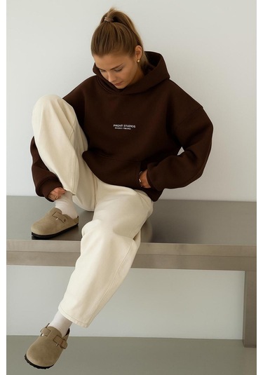 Benroma 3 İplik Penye Peteet Studıos Baskılı Unisex Kapüşonlu Sweat Kahverengi
