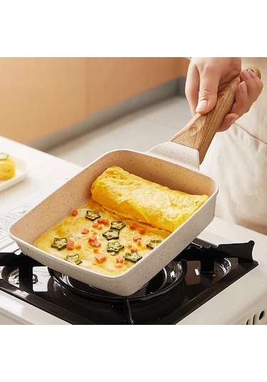 Xuweiwei Beyaz Renkli Ahşap Saplı Japon Tamagoyaki Tavası - Yapışmaz Kare Omlet Ve Yumurta Rulosu İçin