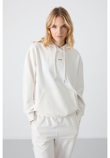 Tommy Life Ekru Kapüşonlu Kanguru Cep Oversize Lastik Paça Kadın Eşofman Takımı - 95288 Ekru
