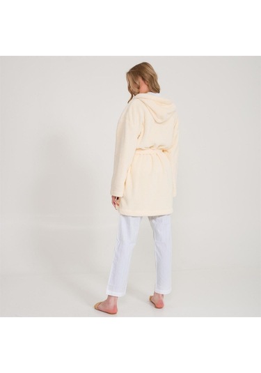 Welsoft Kapüşonlu Peluş Kadın Sabahlık Ekru