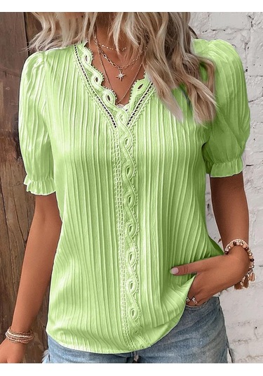 Açık Yeşil Yaz Kadın T-shirt Moda Hollow Kısa Kollu Kadın Gömlek Tops Açık Yeşil