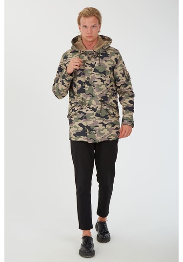 Sposo 1738 Su Itici Kumaş , Kapşonlu Siyahlı Kamuflaj Erkek Kaban Yeşil - Siyah
