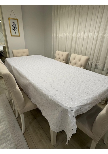 Brode Nakış Işlemeli Dertsiz Masa Örtüsü 150x250 Beyaz