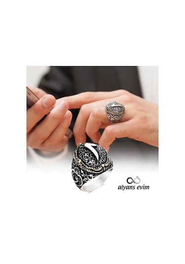 Gümüş Kenarları Vav Üst Elif Harfli Erkek Yüzük