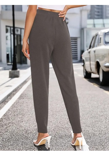 Reka Moda Kadın Yüksek Bel Cepli Rahat Kesim Ithal Krep Pantolon Gri