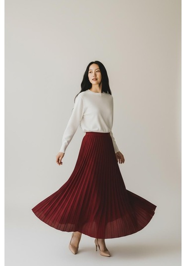 Pileli Pamuklu Dokuma Viskon Kışlık Etek 95 Cm - 38-48 Bordo