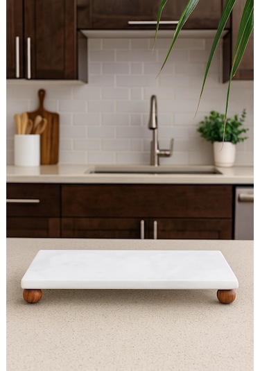 Qerhome Ahşap Top Ayaklı Mermer Yağdanlık Altlığı & Sunumluk 24 Cm X 12 Cm Beyaz