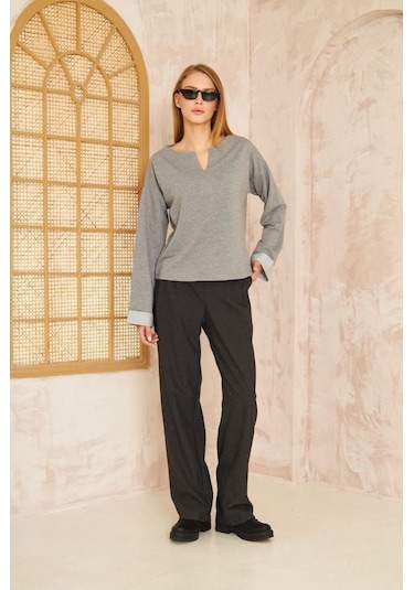 Kadın Ekstra Uzun Duble Kol / Yakası Yırtmaçlı Salaş Sweatshirt Bluz 3470190 Gri