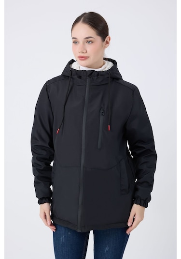 Kadın Siyah İçi Kürklü Su Ve Rüzgar Geçirmez Kapüşonlu Kışlık Mont & Kaban & Parka Siyah