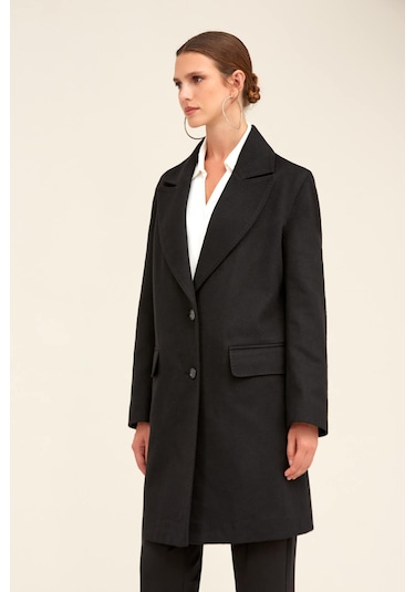 Hatemoğlu Saykı Woman Siyah Regular Fit Ceket Yaka Kaşe Oversize Manto 2956632 Siyah