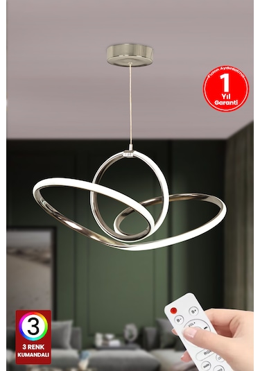 Fuzon Titanic Led Avize 3 Renk Kumandalı Krom Ledli Avize Oturma Odası Gümüş