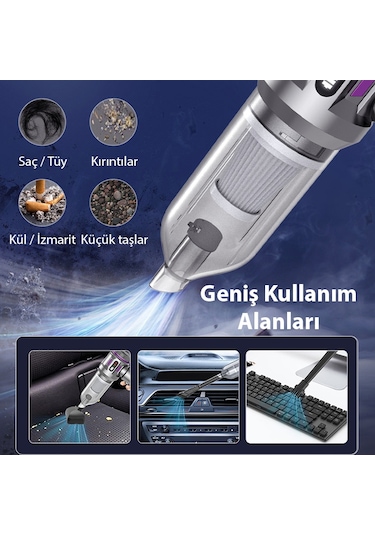 Ezere 16000pa Güçlü Dijital Göstergeli Vakumlu Kablosuz Üflemeli Mini Araç Süpürgesi Gümüş