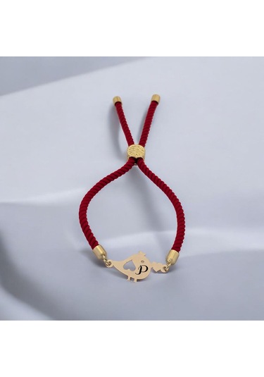 Archin P Harfine Özel 14 Ayar Altın Plakalı Minik Kuş Motifli Kırmızı Örgülü Hediye Bileklik-363harf P