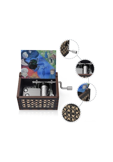 Tenfowee "el Yapımı Howl'un Yürüyen Şatosu Müzik Kutusu - Merry Go Round Melodisi İle Ahşap Kollu Müzik Kutusu Siyah Şato " Siyah 1