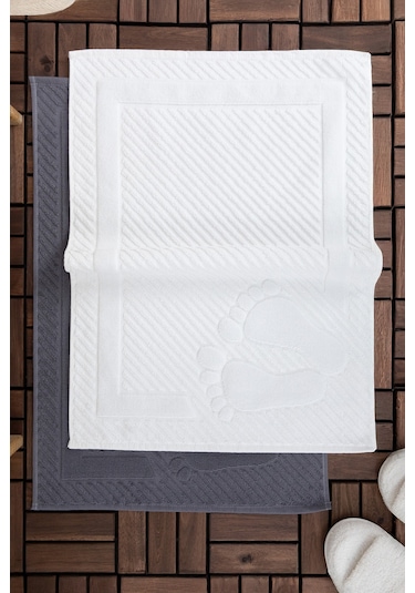 Leoline %100 Pamuk Premium 2'li Ayak Havlusu - Beyaz - Antrasit Beyaz - Antrasit