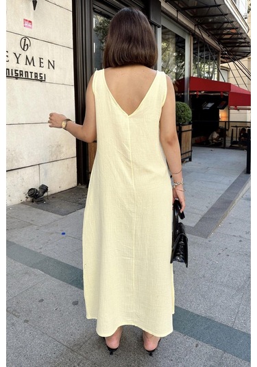 Sarı Askılı İthal Müslin Kumaş, Önü Ve Arkası V Yaka, Önden Yırtmaçlı, Maksi/uzun Salaş Elbise Sarı
