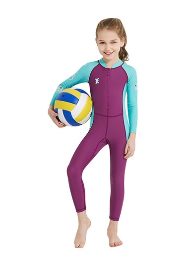 Geeksen Kız Çocukları İçin Tek Parça Uzun Kollü Güneşten Koruyucu Hızlı Kuruyan Yüzme Mayo - Pembe S Fuşya