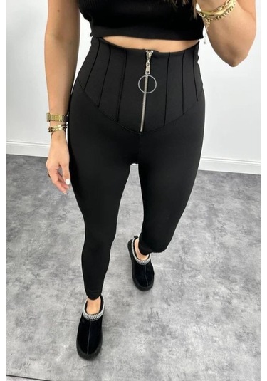 Kadın Yüksek Bel Toparlayıcı Korse Detay Dalgıç Kumaş Tayt Siyah