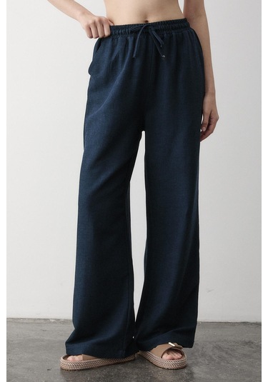 Lacivert Beli Lastikli Bol Paça Pantolon Lacivert