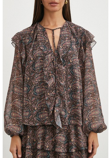 Uterpe Paisley Desenli Fırfırlı Gömlek Siyah