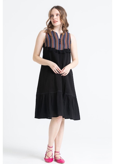 Kolsuz Şile Bezi Ilgaz Midi Boy Elbise Siyah Syh-siyah