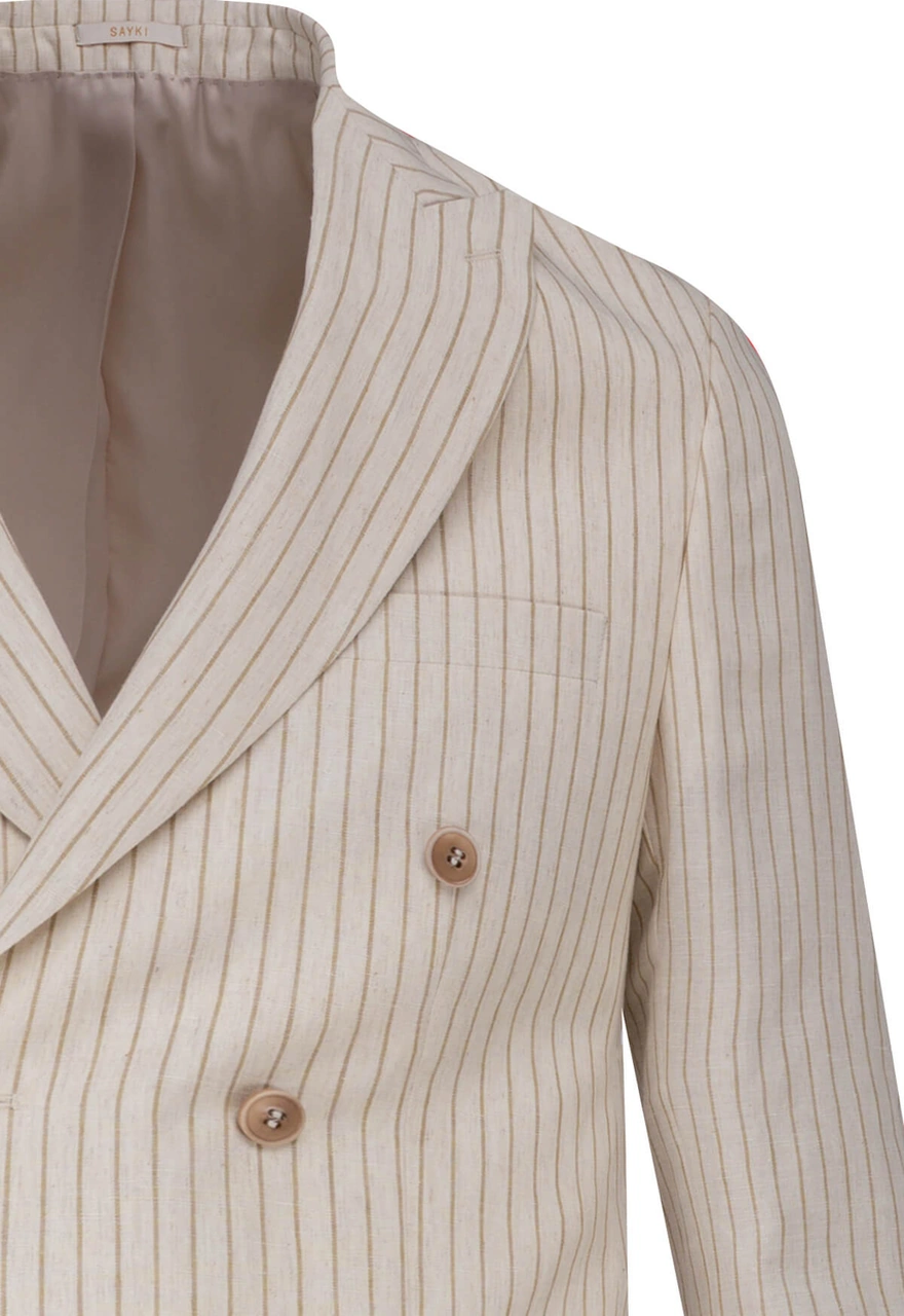 Keten Regular Fit Çizgili Kruvaze Keten Takım Keten Ç.