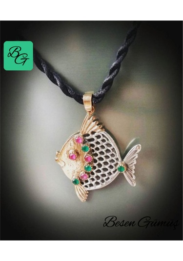 Kırmızı Yeşil Taşlı Otantik Balık Kolye Rose - Gold -  Gümüş