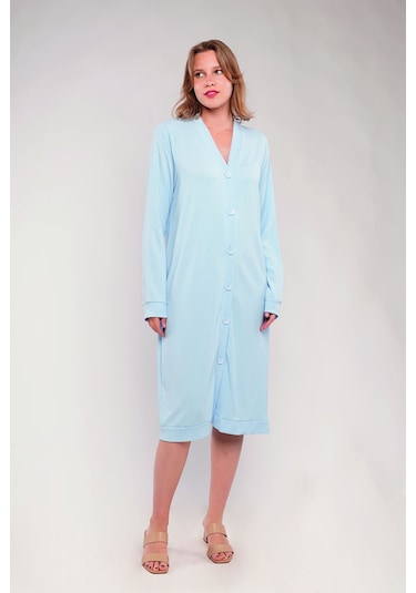 Gabria Ön Düğmeli Seul Uzun Hırka Buz Mavisi