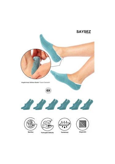 Bambu Kadın Babet Su Yeşili Çorap Dikişsiz Görünmez Kaydırmaz Topuk Silikonlu Premium 6'lı Renkli