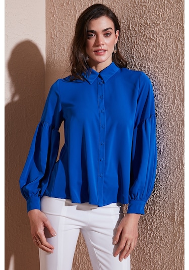 Lela Regular Fit Dikiş Detaylı Düz Yaka Balon Kol Bayan Gömlek 611Go00003 Saks