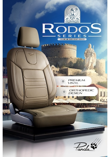Bej - Bej Panda Rodos Serisi Deri Ortopedik Oto Koltuk Kılıfı - Tam Set