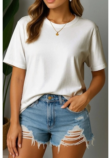 Vexor Kadın Bisiklet Yaka Oversize T-shirt Kırık Beyaz
