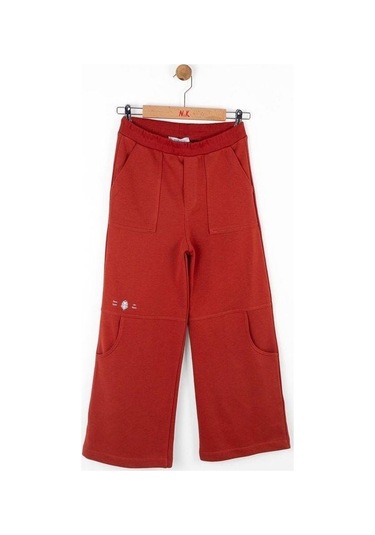 Kız Çocuk Pamuklu Bel Lastikli Cep Detaylı Bol Paça Eşofman Altı-14727 Kiremit