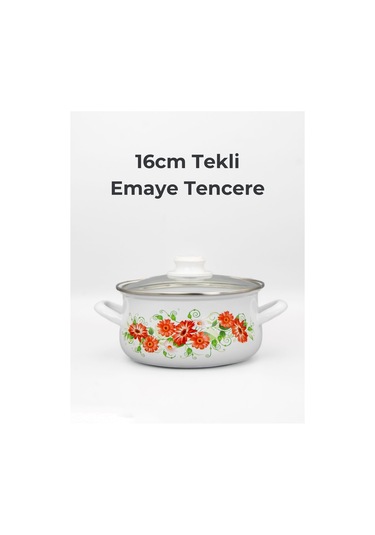 16cm Çiçek Desenli Tekli Cam Kapaklı Emaye Güveç Tencere Beyaz
