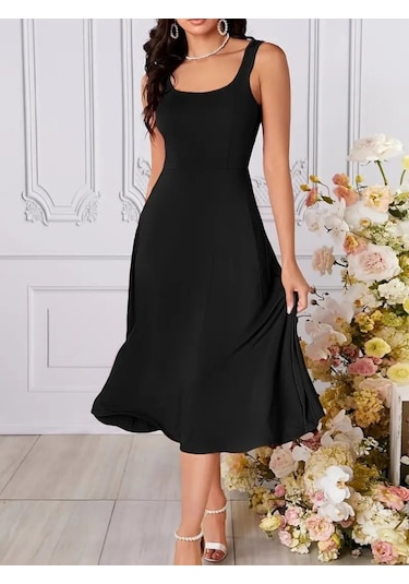 Soonaksesuar Kadın Askılı Geometrik Yakalı Geniş Kesim Detaylı Ithal Krep Elbise Siyah