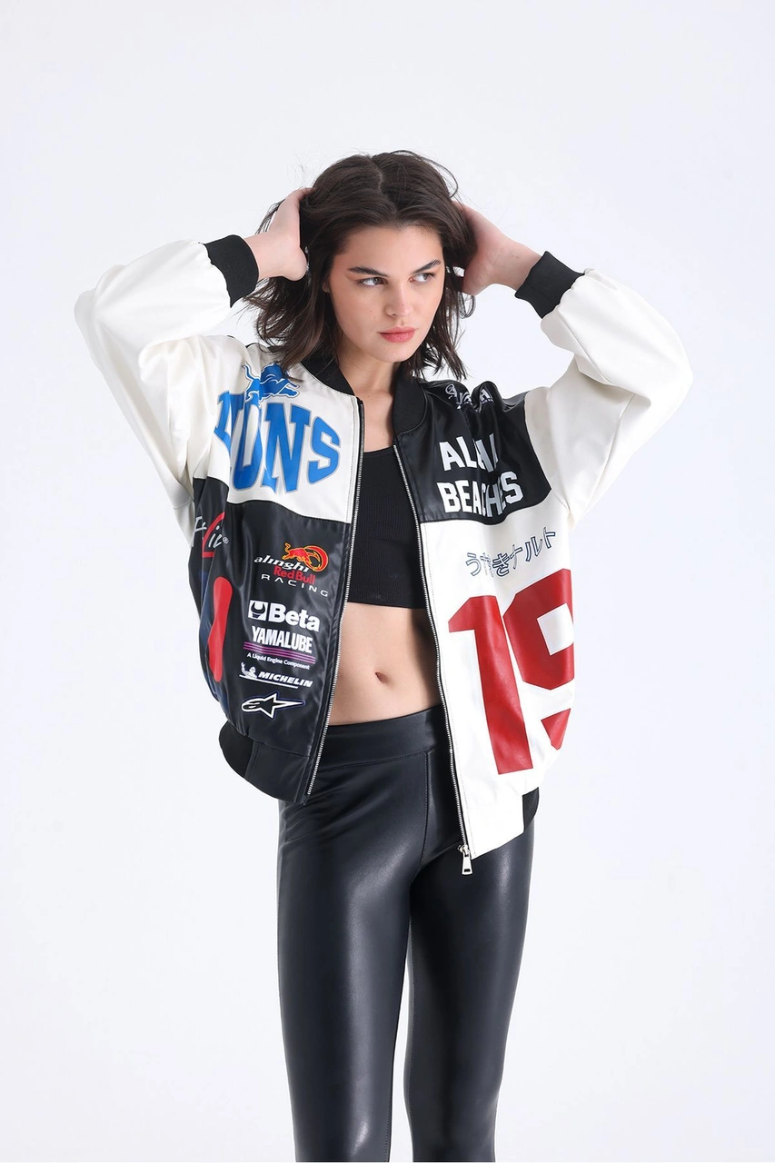 Kadın Oversize Baskılı Deri Motorcu Montu Fermuarlı Yarışçı Ceket Astarlı Bomber Kolej Mont Beyaz