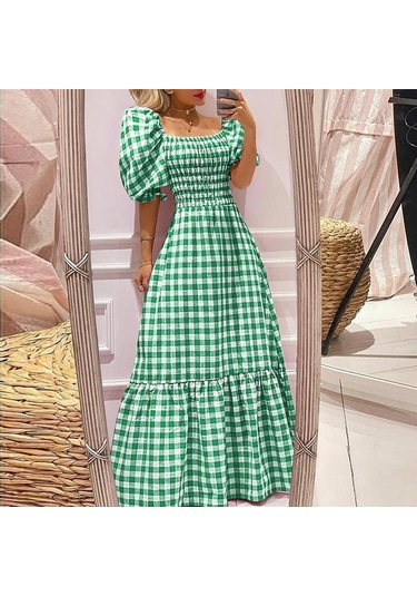 Vonda Yaz Kadın Ekose Kapalı Omuz Pilili Parti Uzun Elbise Zarif Ekose Tunik Ruffled Hem Gevşek Artı Boyutu Yeşil