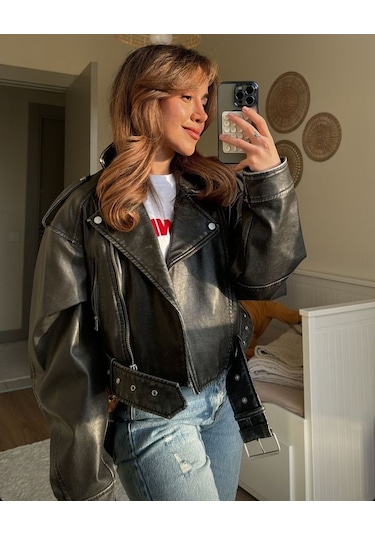 Prifaldi Suni Deri Crop Bıker Ceket Siyah