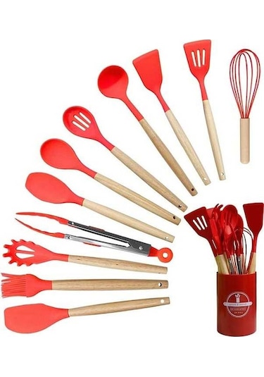 79122 12 Parça Yapışmaz Silikon Mutfak Eşyaları Seti Kırmızı