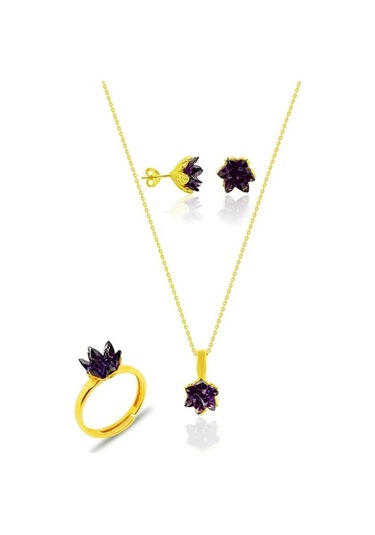 Sarı Yaldızlı Gümüş Lotus Çiçeği Küpe Yüzük Ve Kolyesi Ametist Ta