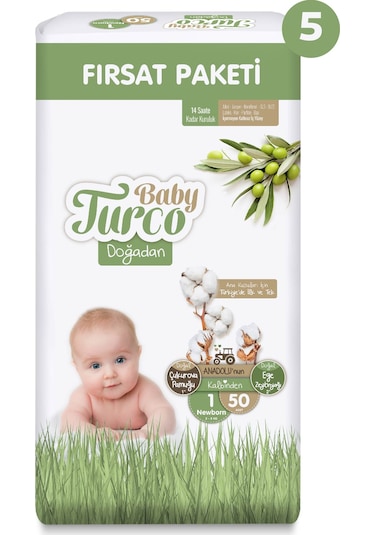 Baby Turco Doğadan Ultra Fırsat Paketi Bebek Bezi 1 Numara Newborn 250 Adet 5'li