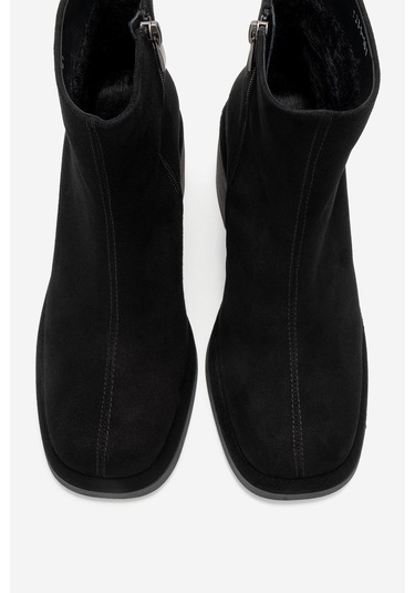 Junae Siyah Süet Hakiki Deri Kadın Kalın Topuklu Bot Siyah