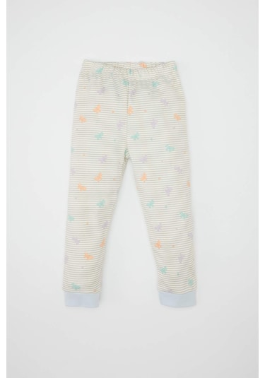 DeFacto Kız Bebek Pijama Takım Kelebek Desenli Bisiklet Yaka Uzun Kollu Üst Beli Lastikli Uzun Alt D3440A524WNER98 Ekru