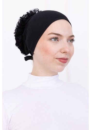 Fırfırlı Önden Dikişli Penye Bone - Kadın Tesettür Bağlamalı Topuz İç Bone-siyah Siyah