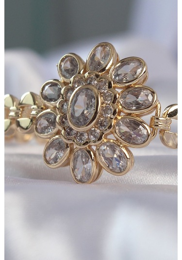 Pirinç Gold Renk İri Zirkon Taşlı Çiçek Figürlü Bileklik - Tj-bb6141