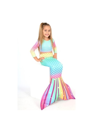 Işıltılı Deniz Kızı Kostümü 3'lü Set Kız Çocuk Kostüm Çok Renkli