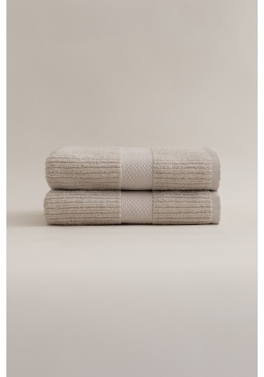 Ivory Bej Fitilli Mikro Fiber %100 Pamuk 2li Banyo Havlusu Seti 5 Bej